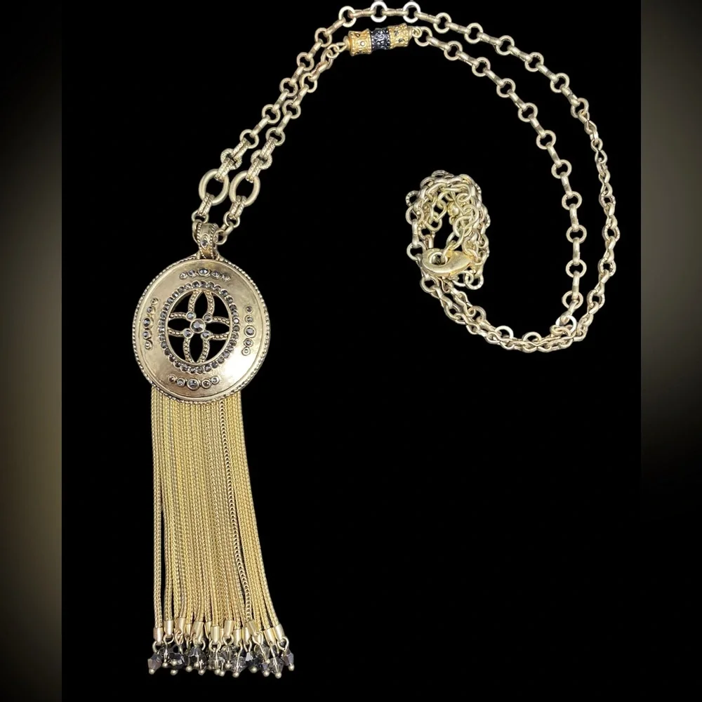 Chico's Gold Tone oval pendant Rhinestone long fringe necklace_9